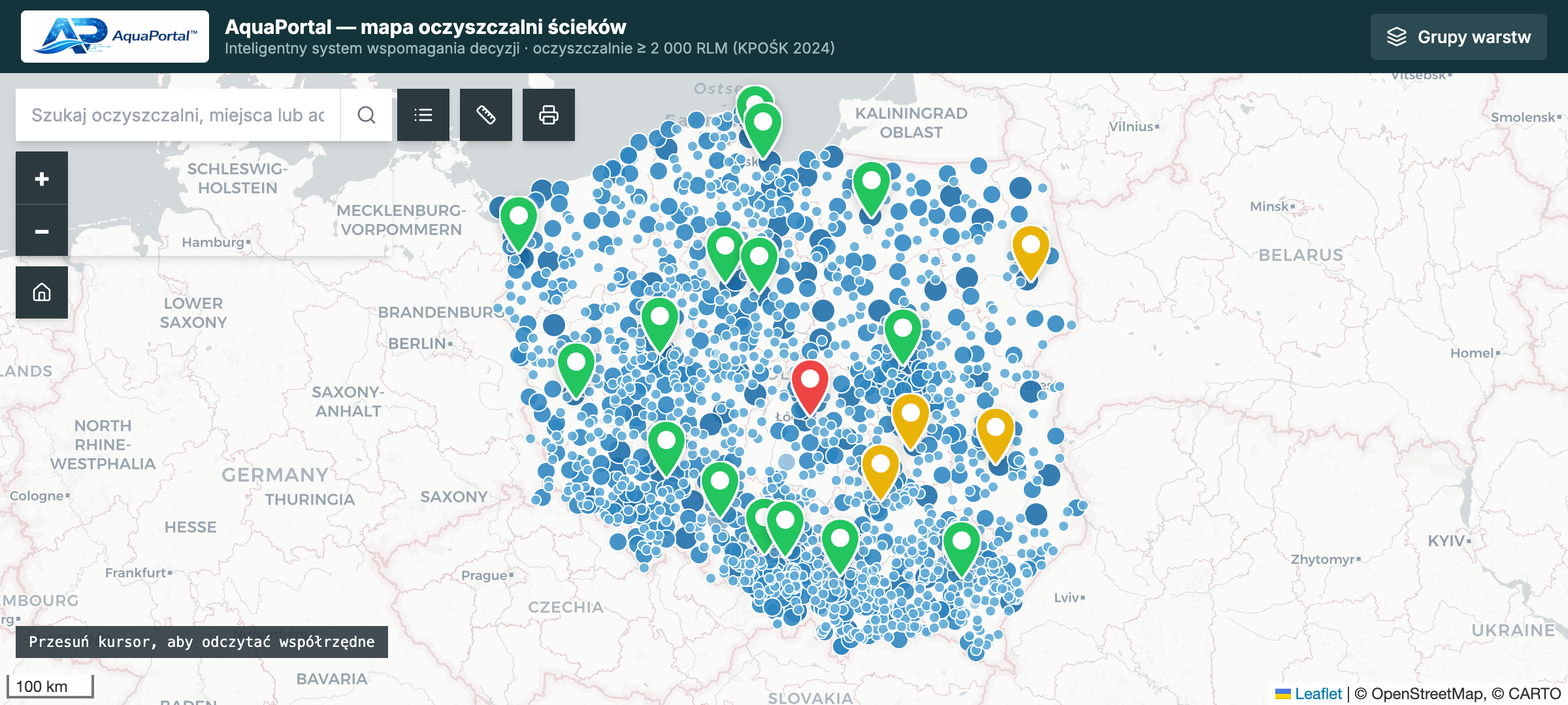 Mapa 1571 oczyszczalni ścieków w demonstratorze AquaPortal